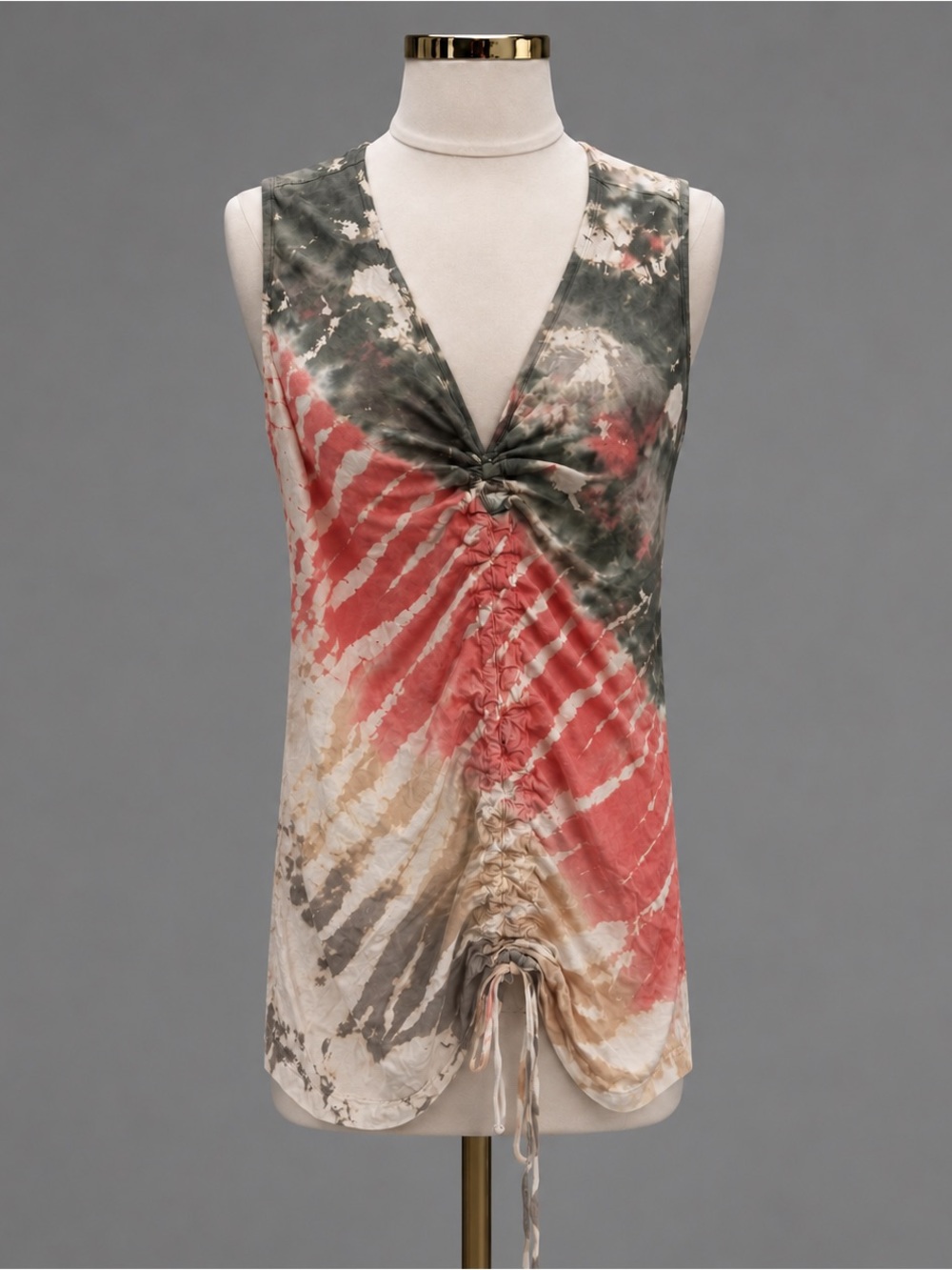 XCVI Women’s XL Tie Dye Ruched Drawstring Sleeveless V-Neck Tunic Top Boho